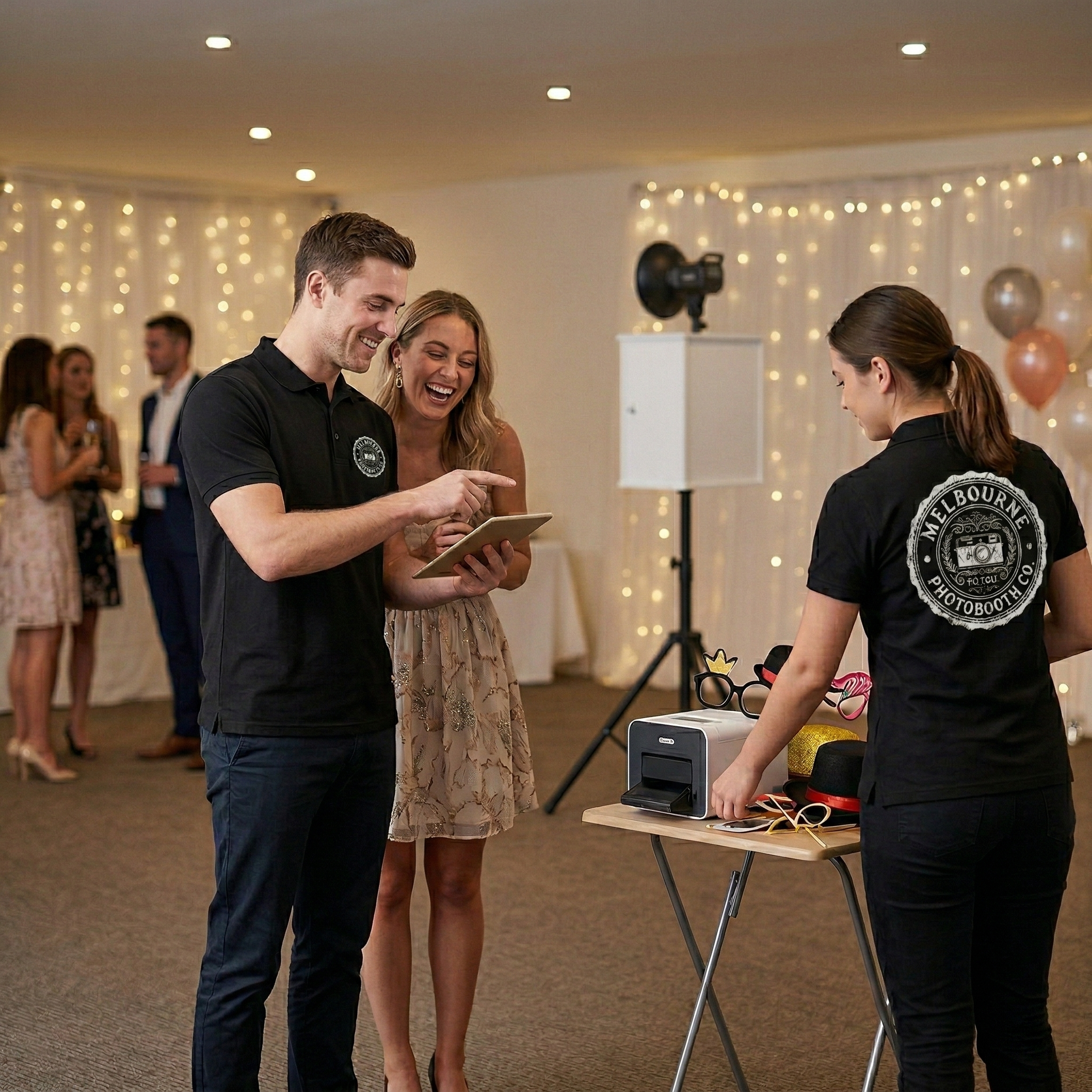 Melbourne Photobooth Co. attendant showing guests their photos on a tablet