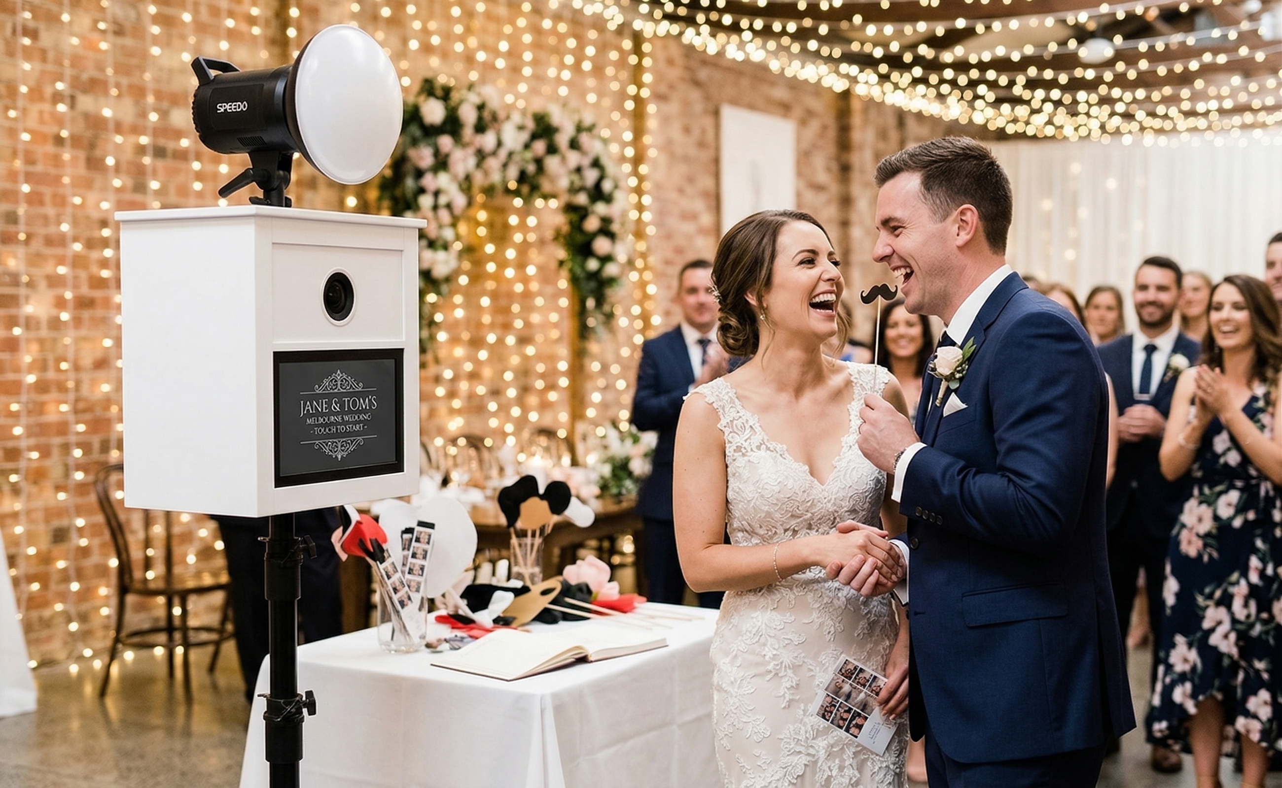 Bride and groom at a wedding photo booth