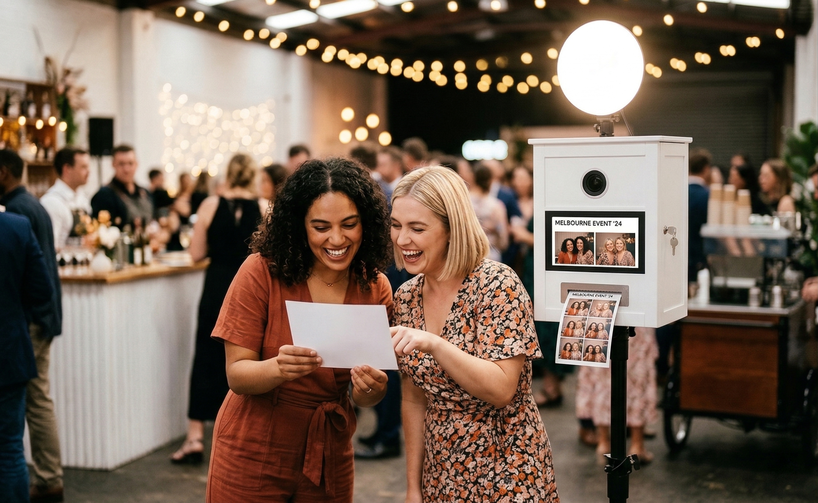 Guests laughing at photo booth strips at a corporate event